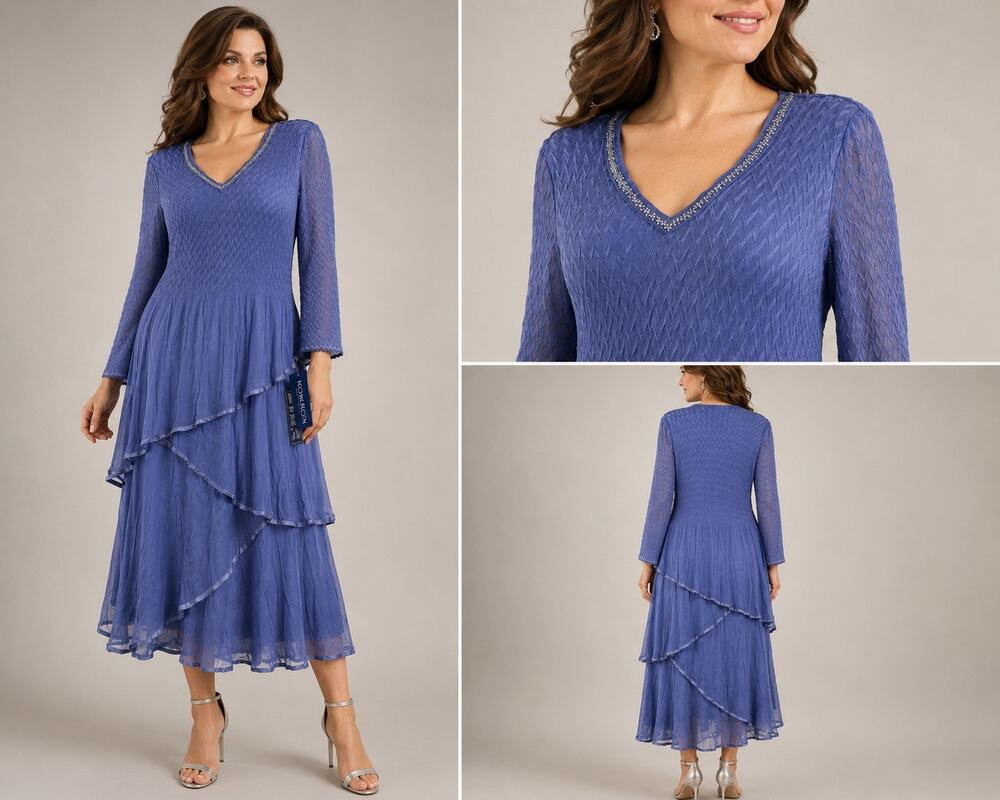 Komarov Blue Tiered Chiffon Midi Dress Women’s XL NWT Beaded V-Neck Occasion